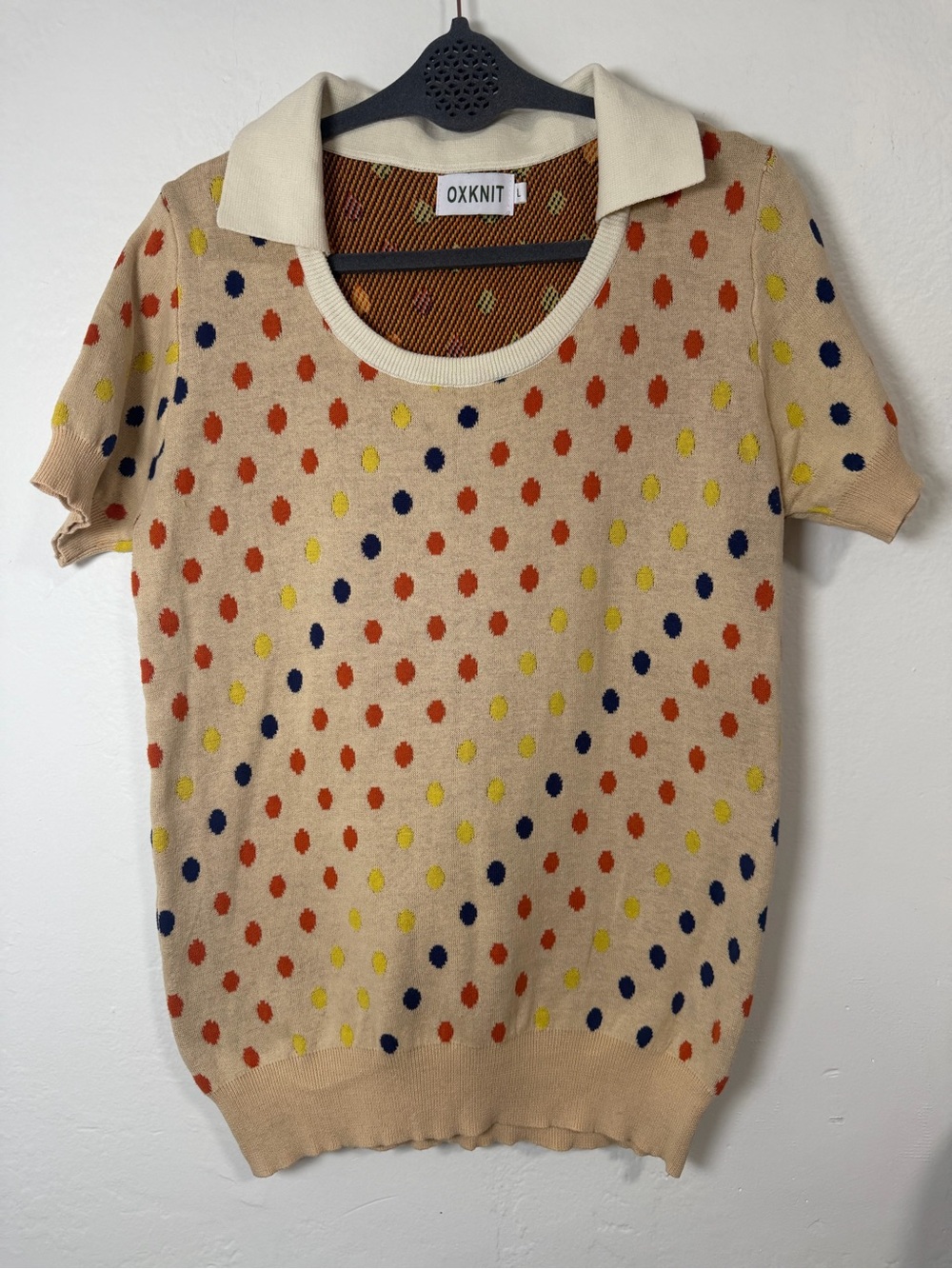 OXKNIT Polka Dot Knit Top Beige Multicolor Short Sleeve Collared Sweater Size L